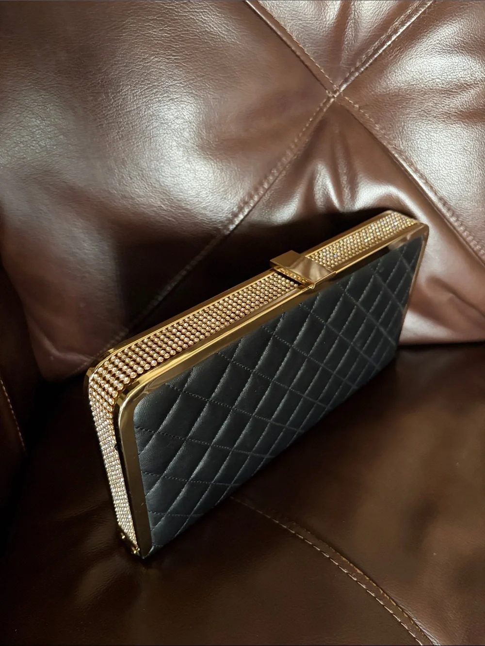 Quilted Black Women's Clutch with Gold and Rhinestone Trim